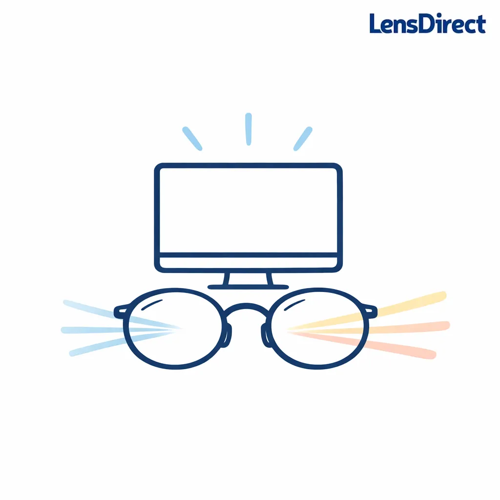 A monitor’s cool light shifts slightly warmer after passing through blue light filtering lenses.
