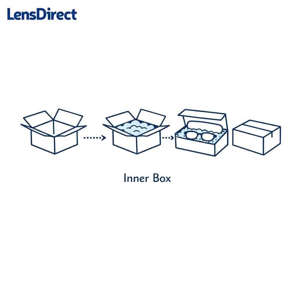 Step diagram shows a small rigid inner carton padded to hold glasses securely without movement.