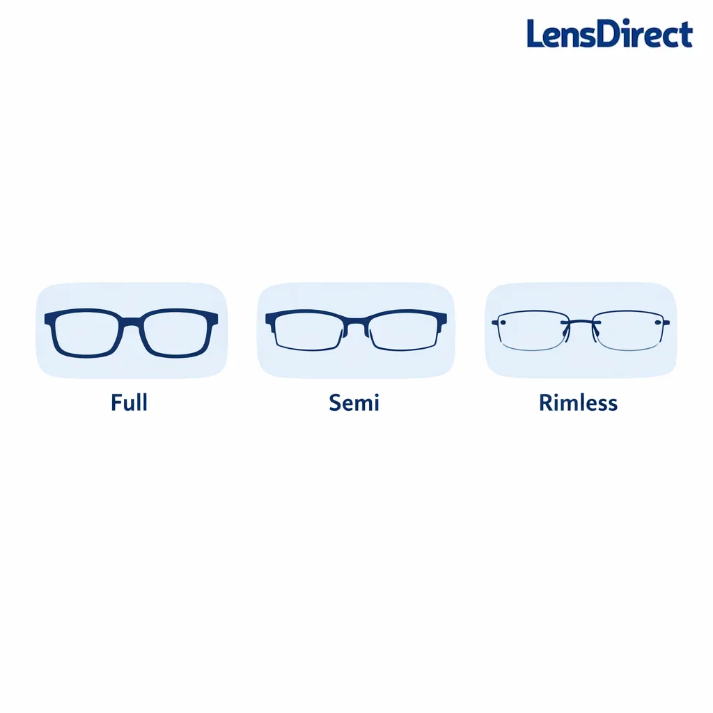 Three frame silhouettes showing full-rim, semi-rimless, and rimless styles for lens support comparison.