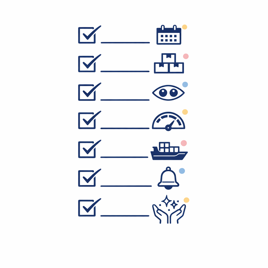 A minimalist checklist with seven icons summarizes prescription check, counting stock, cadence, buffer, and reminders.