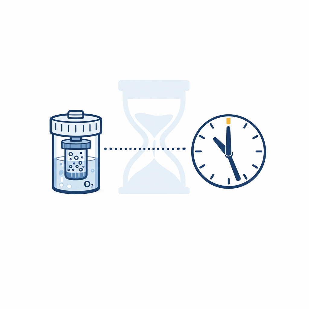 A simple clock icon paired with a peroxide case to show the required neutralization soak time.