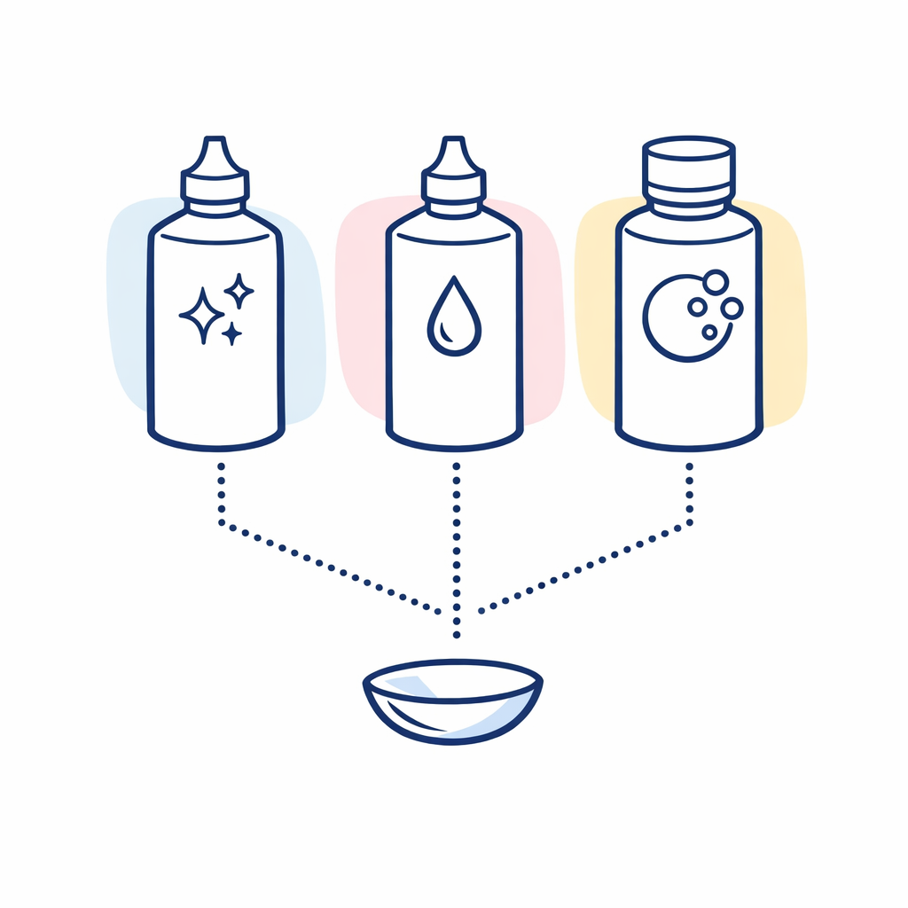 Three simple bottles indicate multipurpose, saline rinse, and peroxide system with distinct icons.