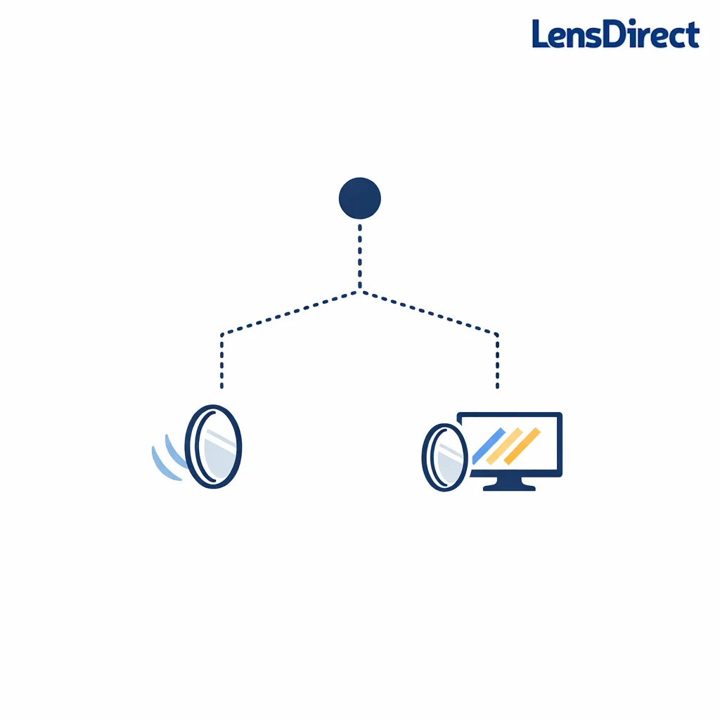 A simple decision flow shows reflections leading to AR and harsh screens leading to blue light filtering.