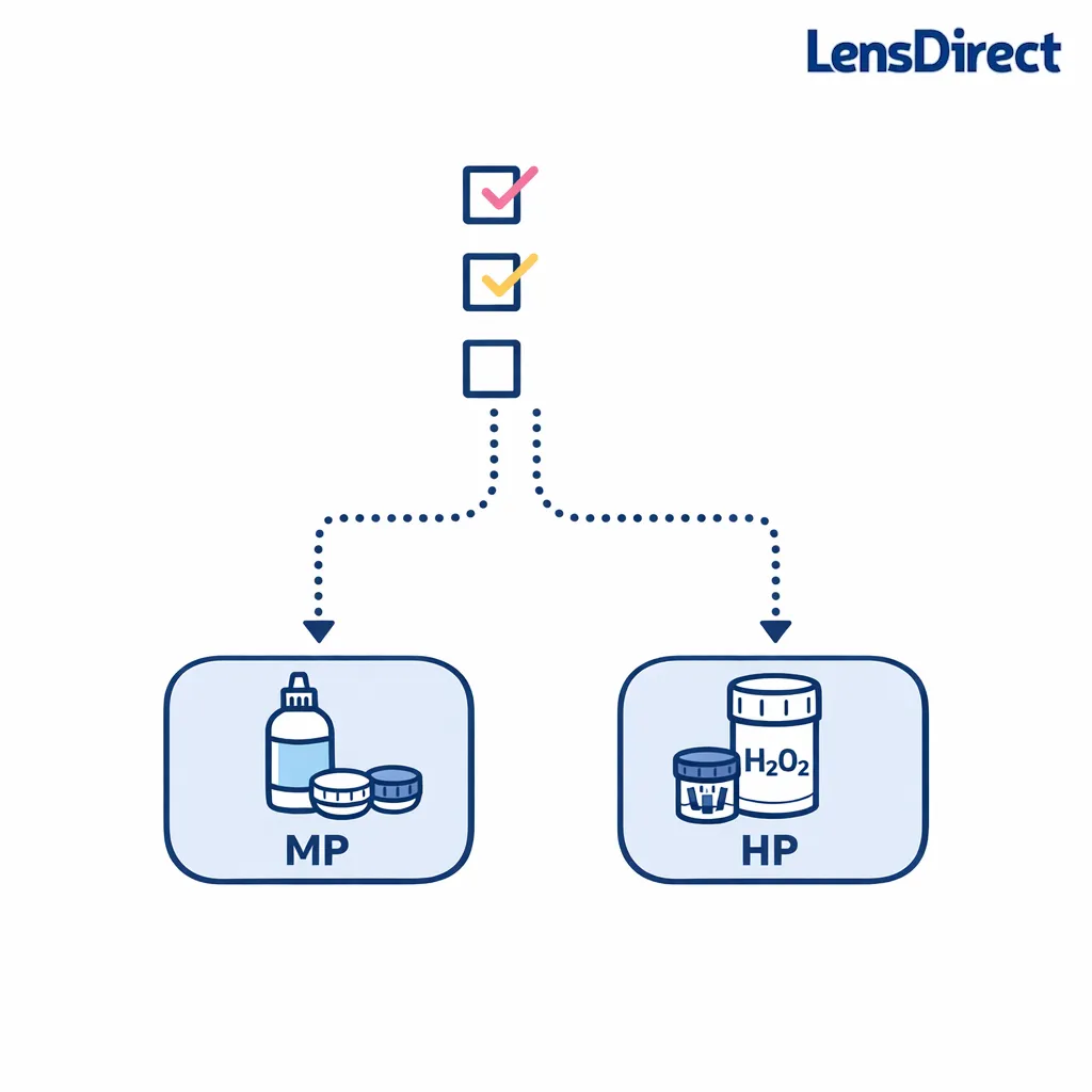 A branching checklist diagram guides choosing multipurpose vs peroxide based on routine and time.