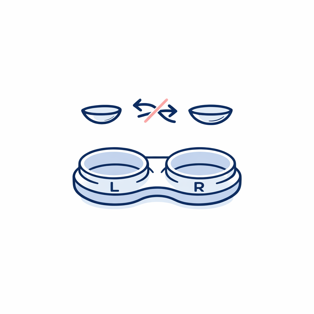Two contact lens cases labeled L and R warn that swapping eyes can cause immediate blur.