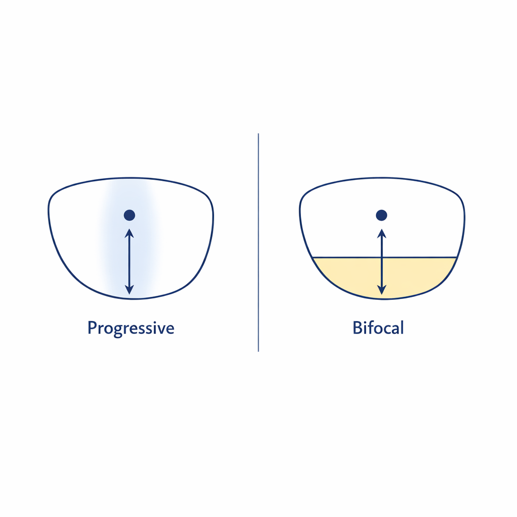 Side-by-side lenses compare a smooth progressive corridor with a lined bifocal segment placement.