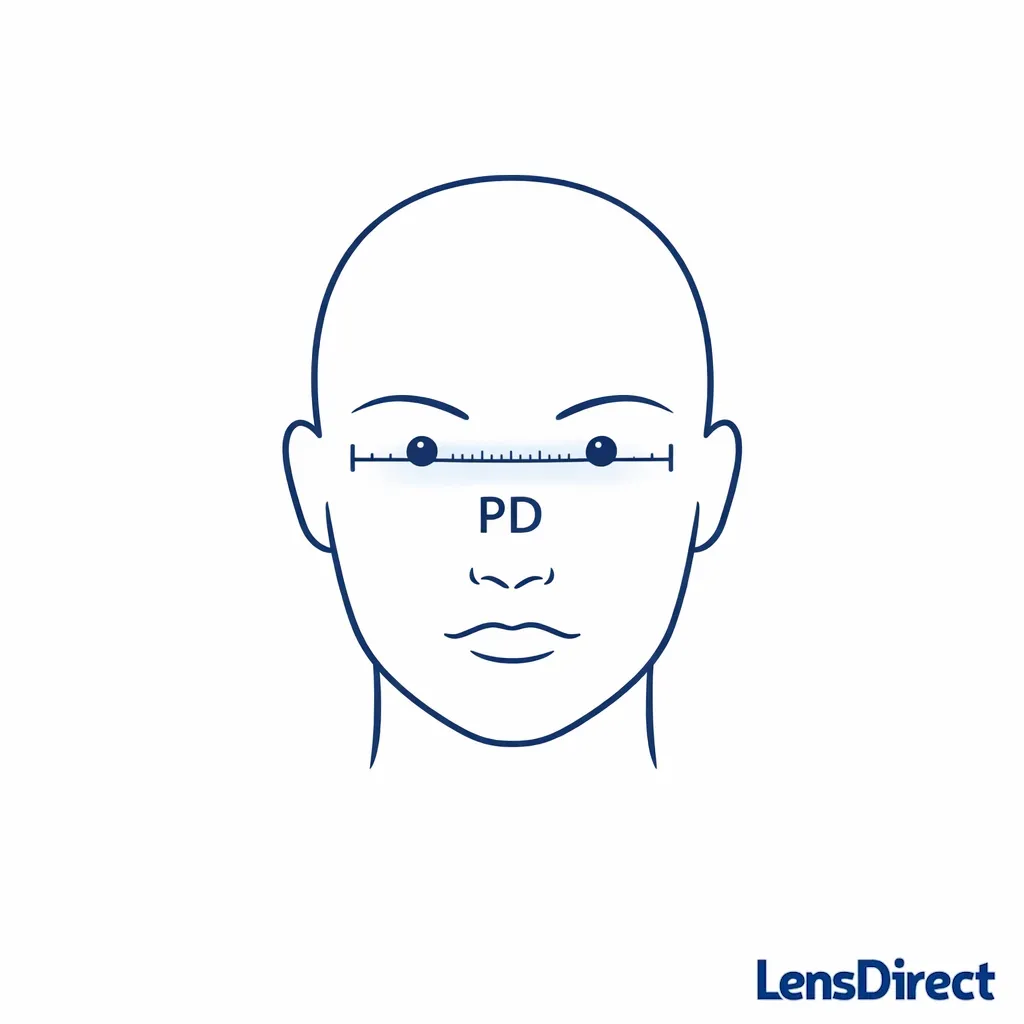 Simple PD measurement concept with a ruler line between pupils, labeled PD for ordering prescription lenses.