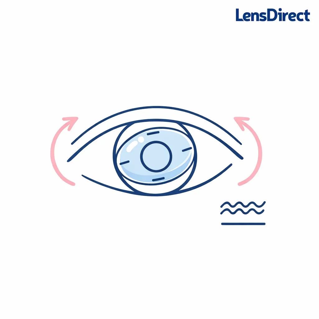 A toric contact lens is shown rotating with arrows and a wavy vision line to suggest intermittent blur.