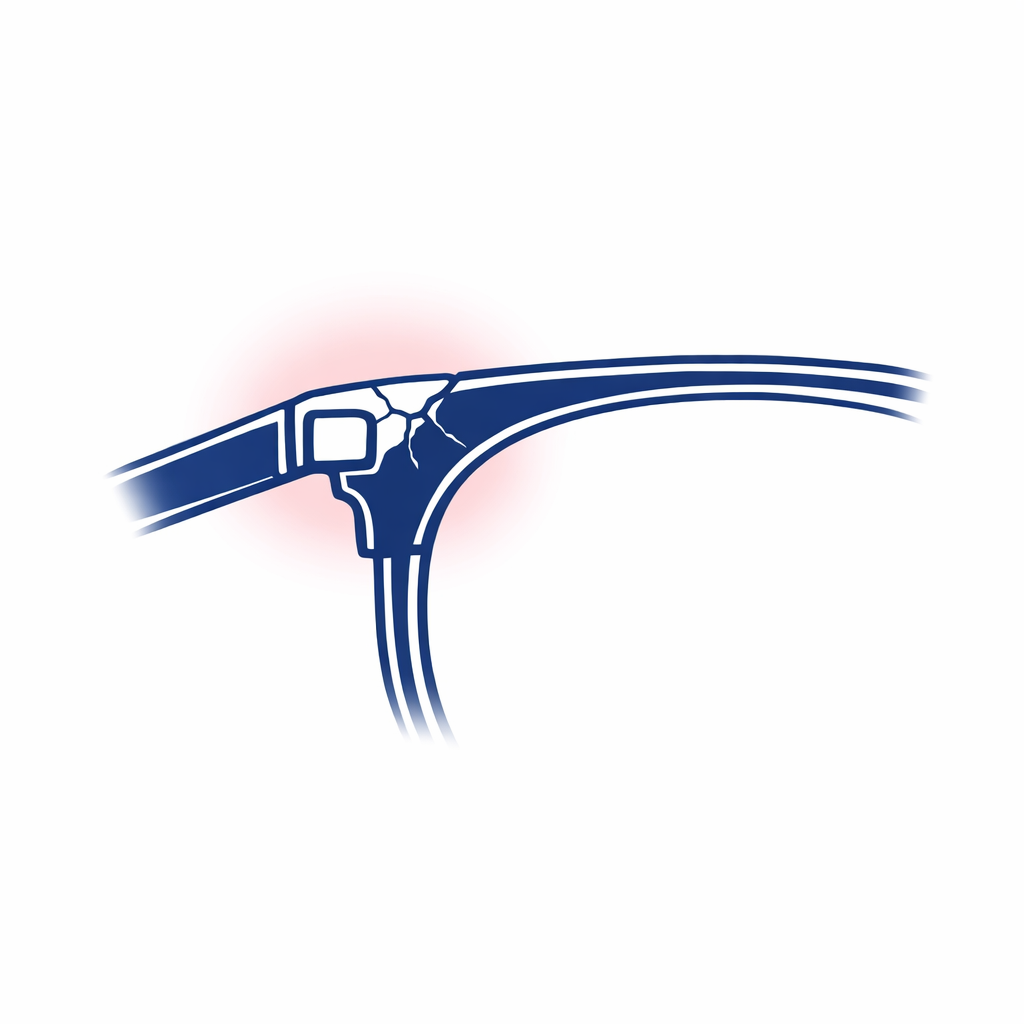 Illustration of an acetate frame corner with a fragile texture cue and a gentle caution highlight.