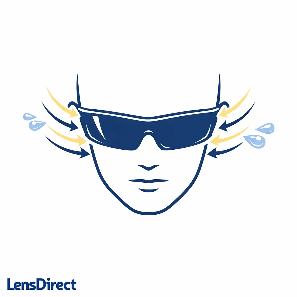 Arrows and droplets show how wrap frames reduce airflow and spray reaching the eyes.
