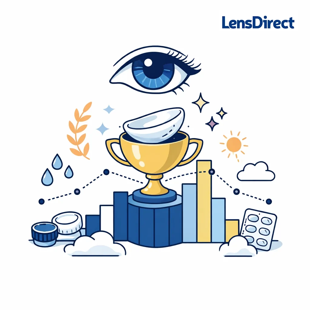 Minimal line art of an eye with a contact lens and dotted-line ranking chart representing top-selling daily contacts.