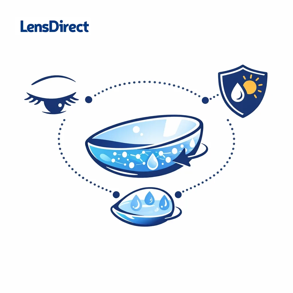 Astigmatism lens with moisture network, blink stabilization arrows and UV shield linked by dotted lines.