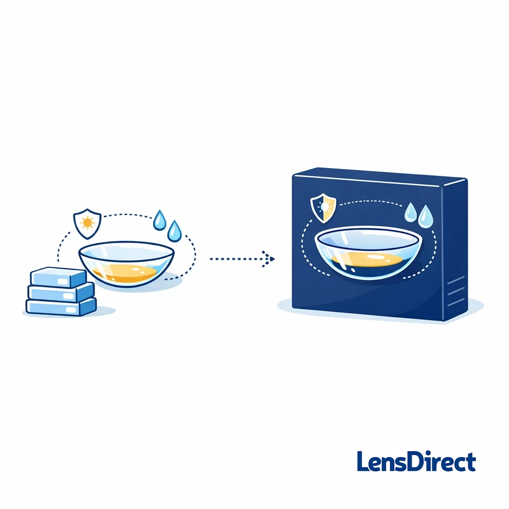 Contact lens with comfort, hydration and UV icons beside small and large box stacks representing 30 and 90 packs.