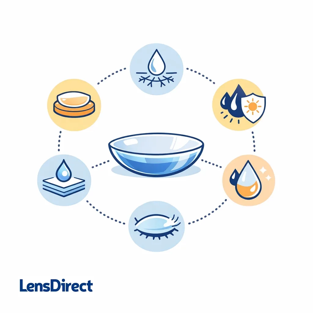Central lens surrounded by icons for various lens technologies like moisture networks, SmartSurface and blink moisture.