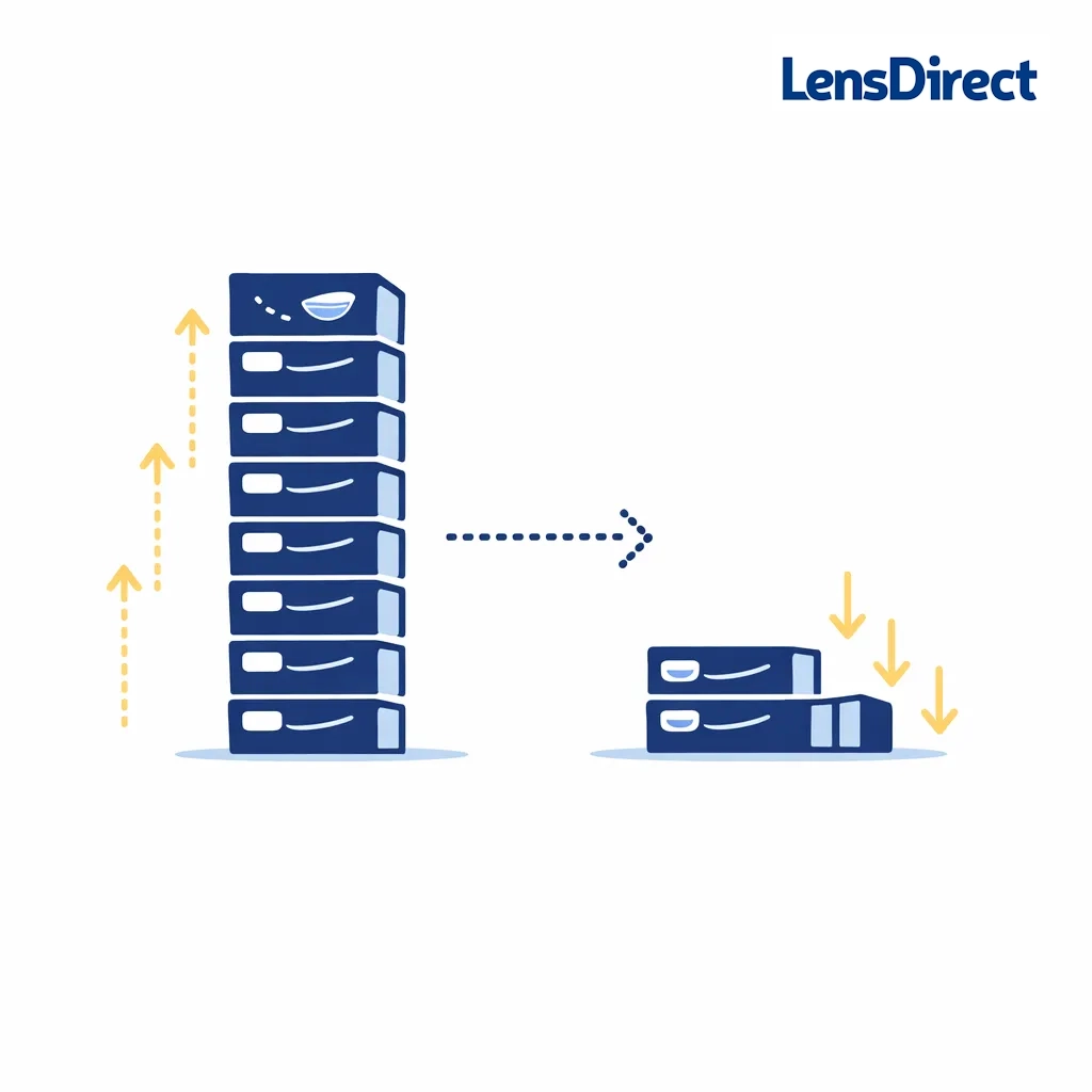 Two stacks of contact lens boxes showing difference between 90‑pack and 30‑pack supply with arrows indicating supply length.