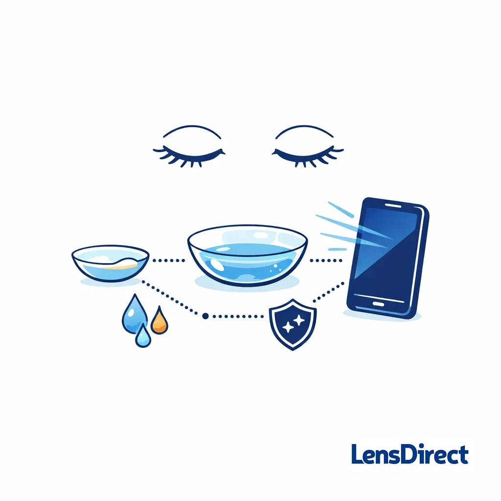 Eyes looking at a smartphone with blue light, a protective contact lens filtering the light and ensuring tear stability.
