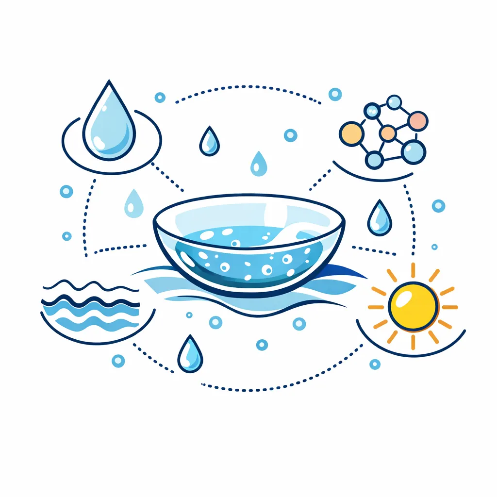 Central lens surrounded by water droplets and waves illustrating moisture and comfort technology in contacts.