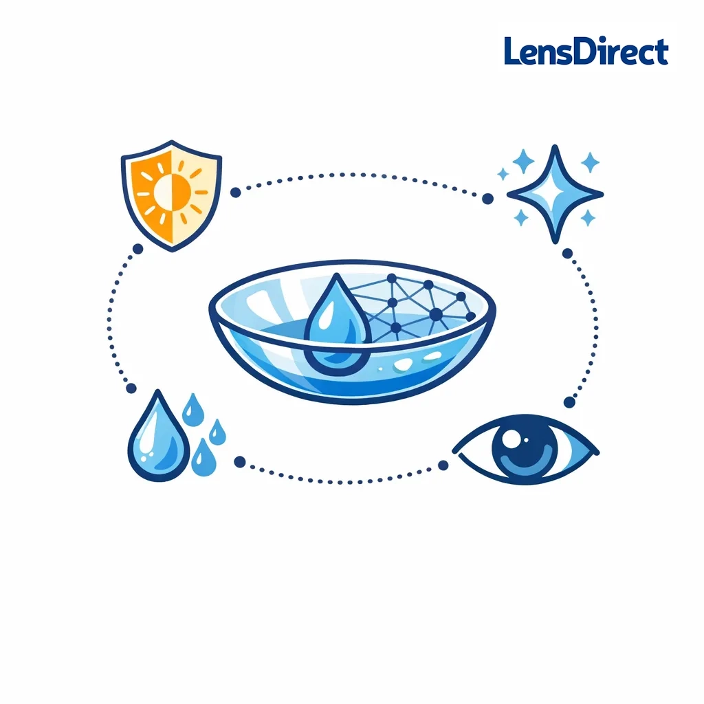 Lens with tear-infused design, moisture network, low‑light star and UV shield icons linked by dotted lines.