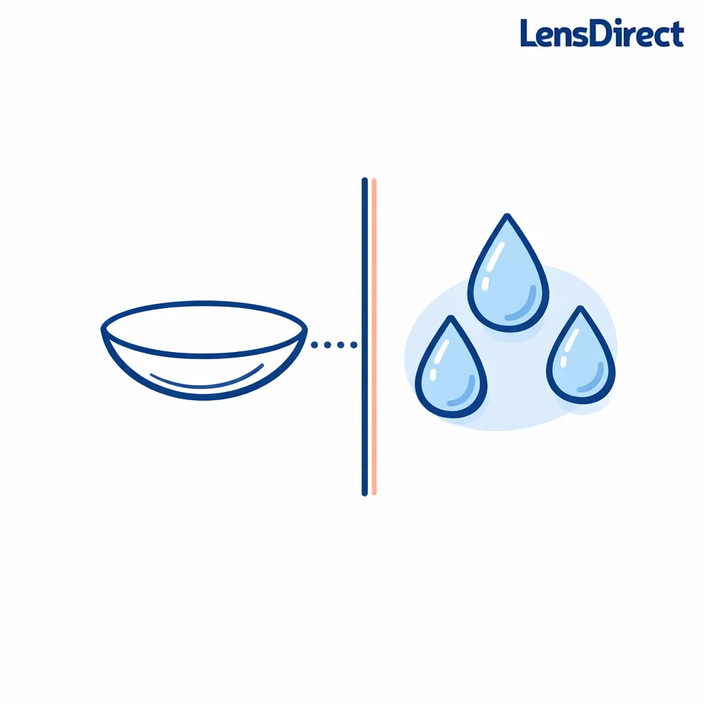 A contact lens icon is separated from water droplets by a clear boundary to show they should not mix.