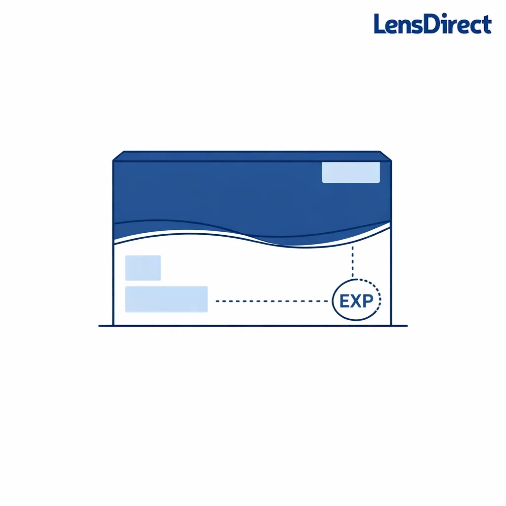 A minimal contact lens box diagram highlights the EXP field with a pointer line.