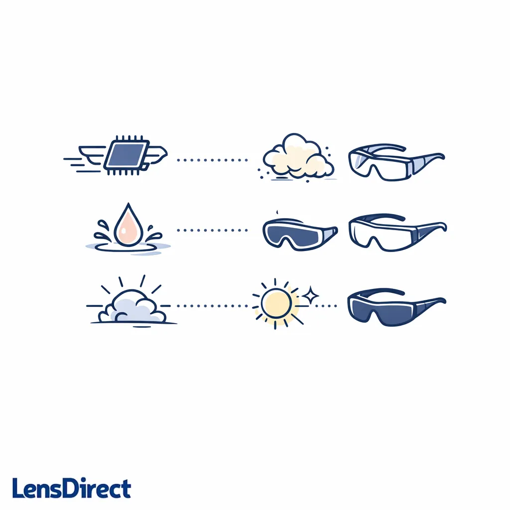Simple diagram matching impact, dust, splash, and sun hazards to the right eyewear style.