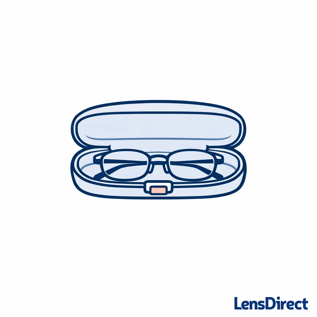 A hard glasses case is shown with glasses nesting inside to emphasize protective travel storage.