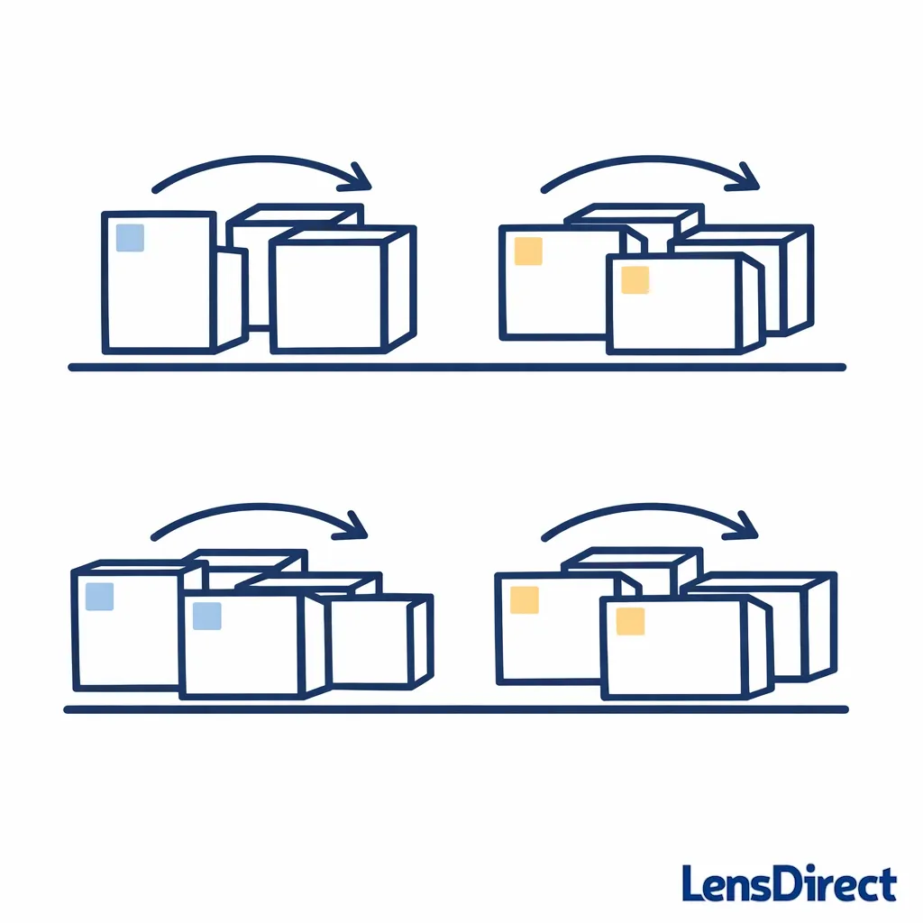 A simple shelf diagram shows older boxes moved to the front for first use.