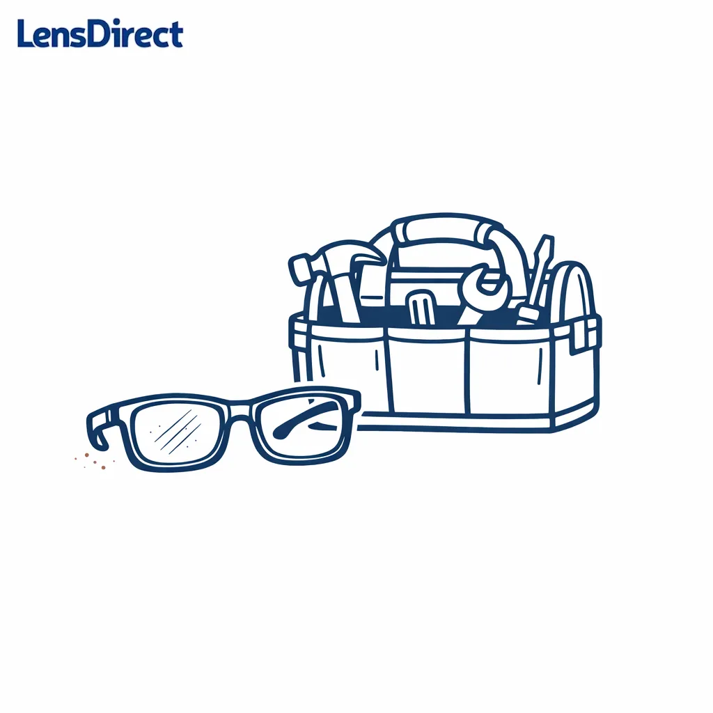 Minimal diagram of glasses next to a tool bag with grit lines to suggest scratch risk.
