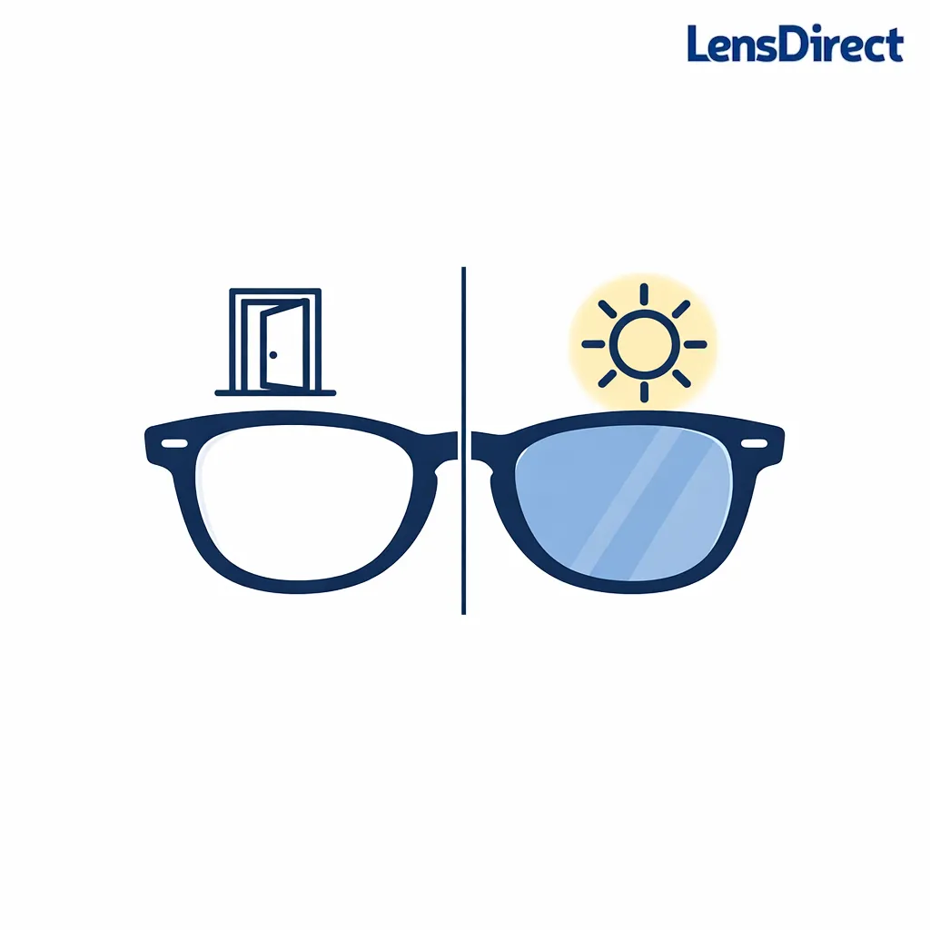 Split scene showing lenses changing from clear indoors to tinted outdoors with a sun icon.