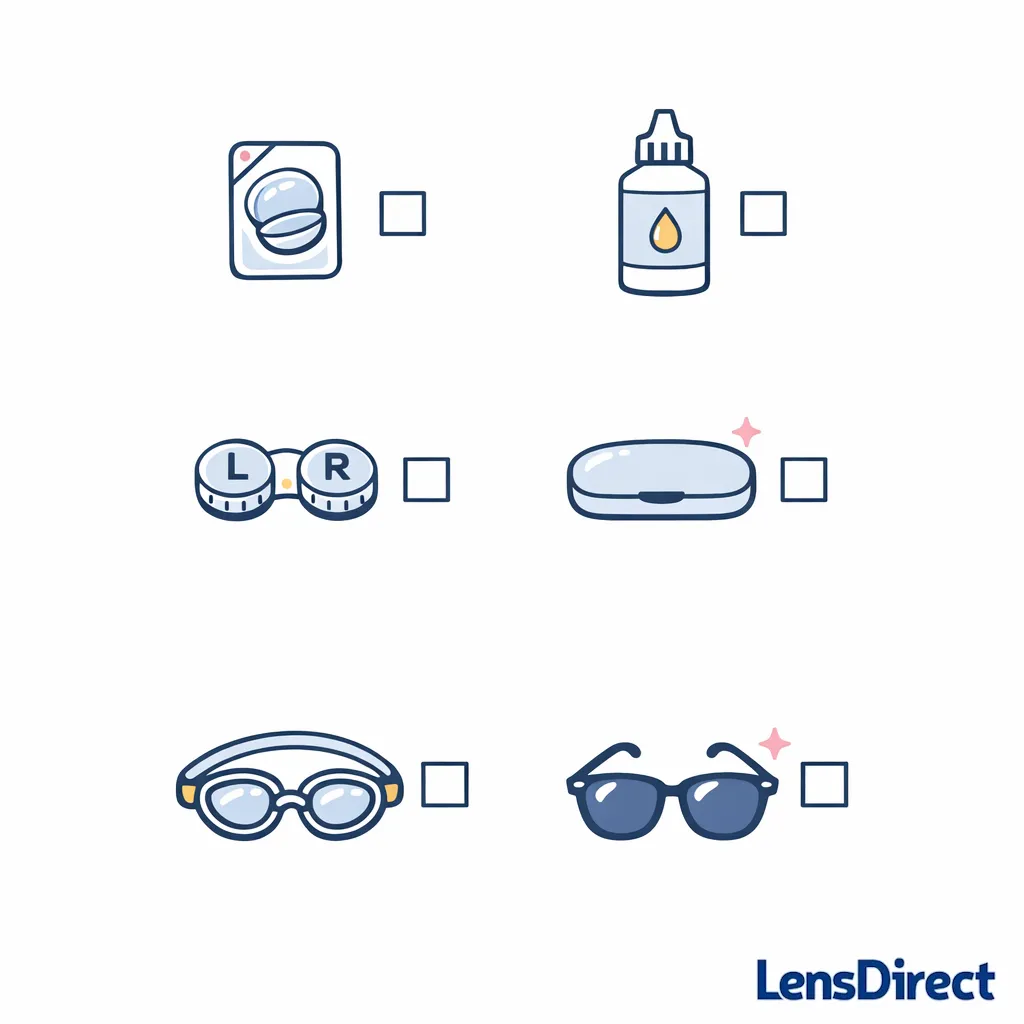 Essential lens travel items are arranged like a simple checklist grid without text.