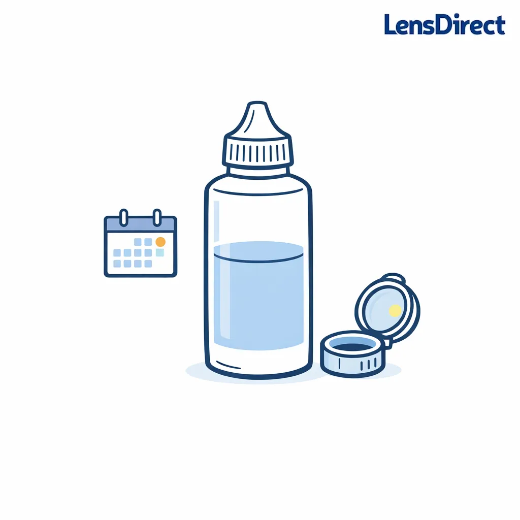 A solution bottle with a calendar and an open-cap icon shows to check dates and discard timing.