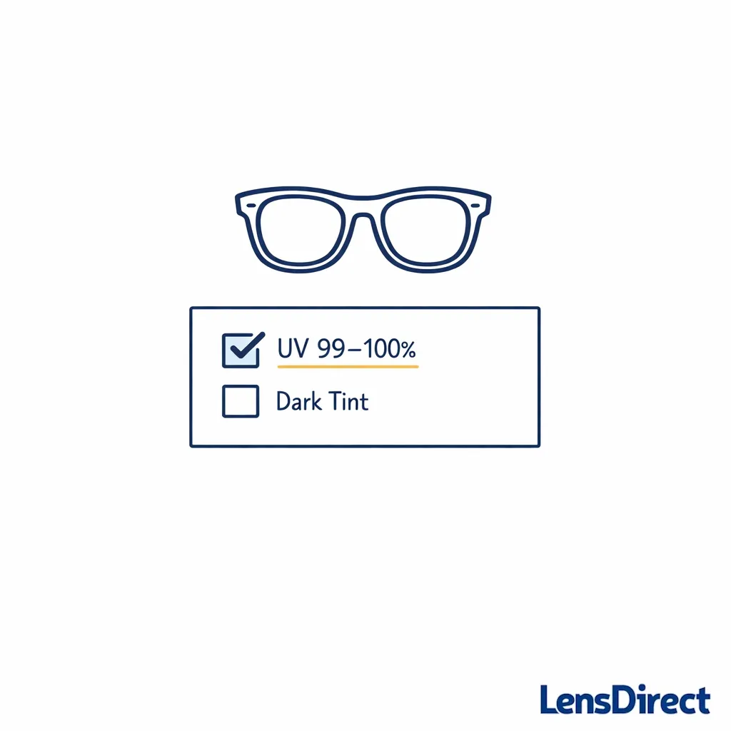 Checklist-style illustration highlighting UV 99-100% label as a must-have for sunglasses.