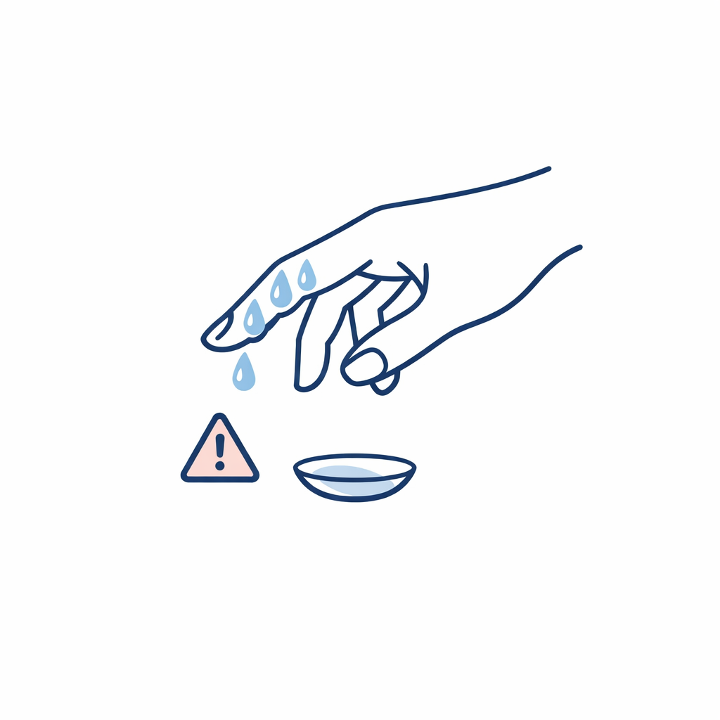 Water droplets on a hand icon reach toward a contact lens to show handling lenses with wet hands is risky.