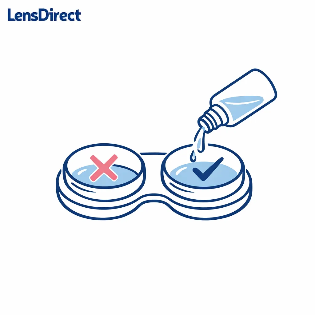 A lens case shows old solution being replaced fully rather than topped off.