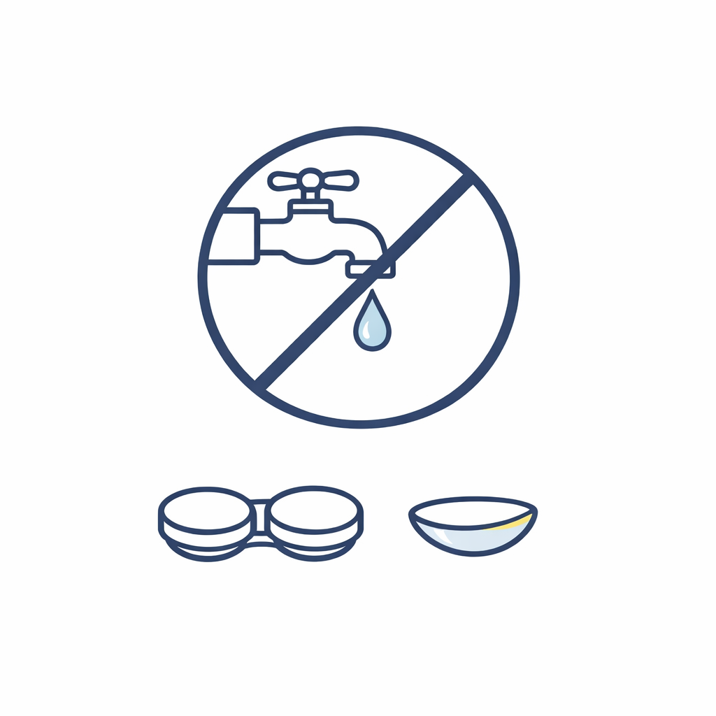 A faucet icon is crossed out next to a contact lens and lens case to show tap water should be avoided.