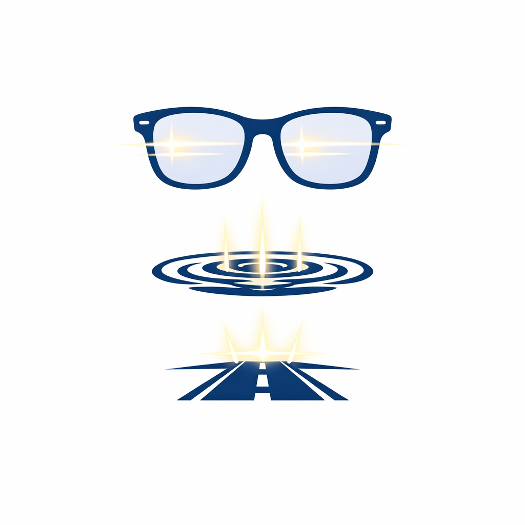 Diagram showing horizontal glare waves cut by polarized lenses over water and pavement.