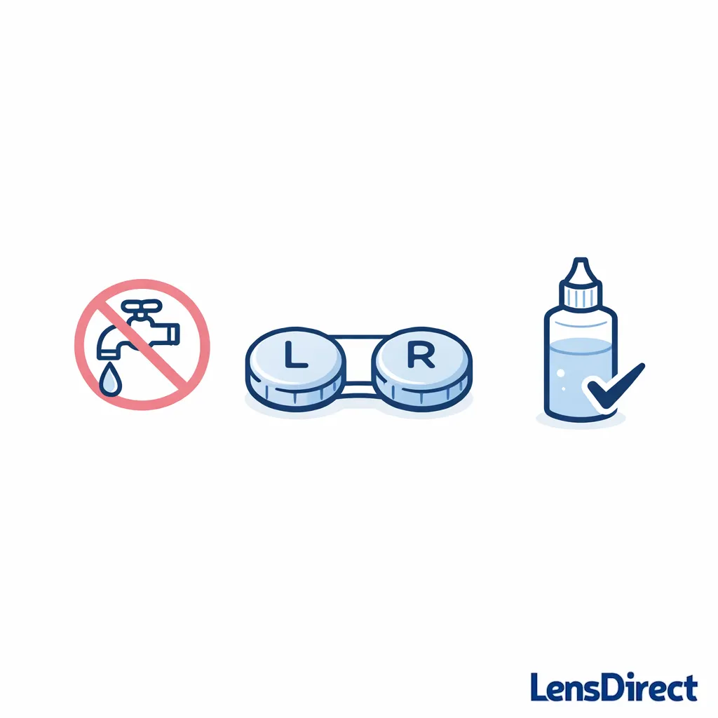 A water droplet and faucet icon are crossed out next to a lens case.