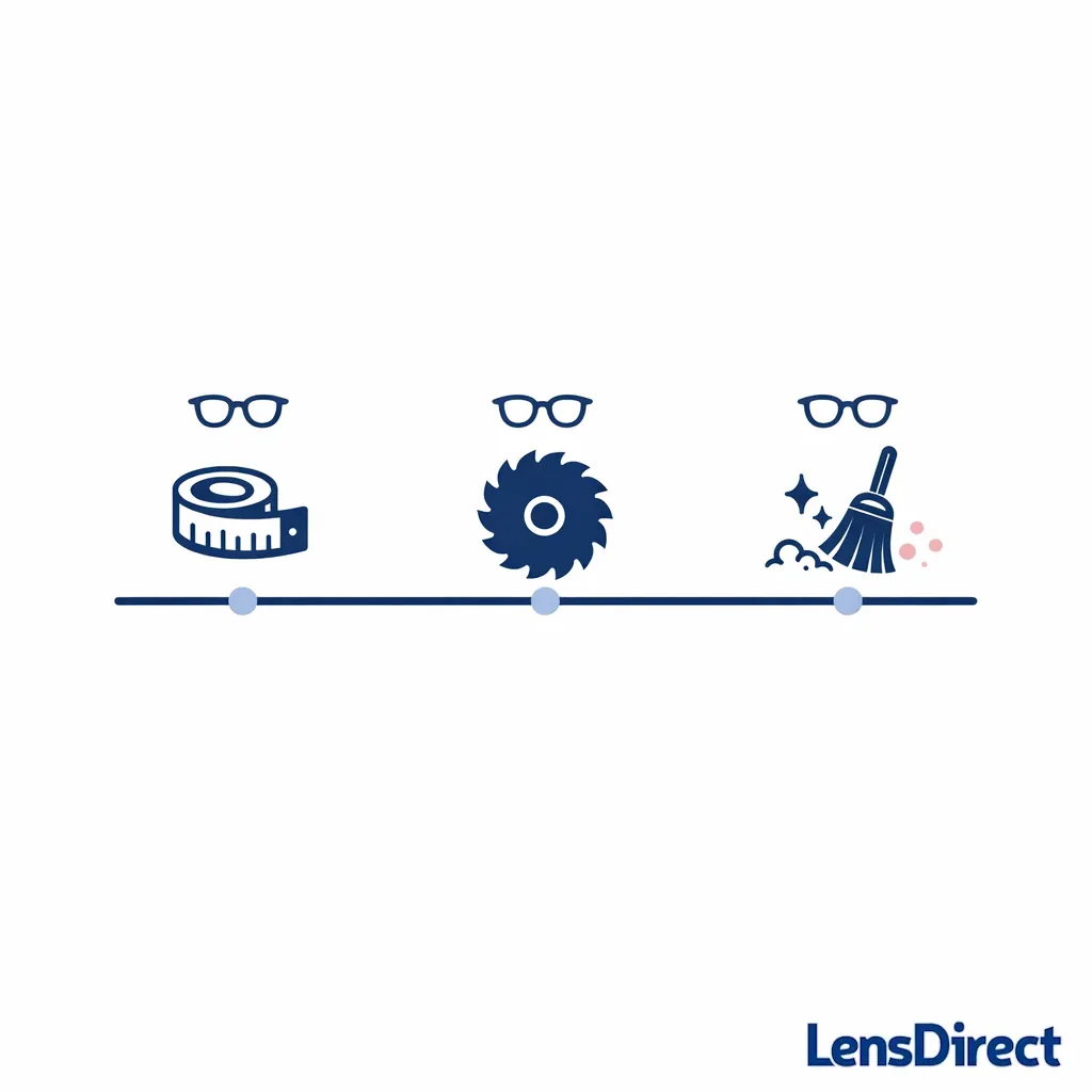 Three-step timeline showing setup, cutting, and cleanup with glasses on throughout.