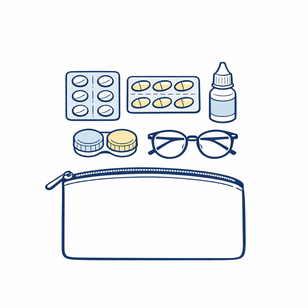 A compact travel pouch contains blisters, small solution, a case, and backup glasses.