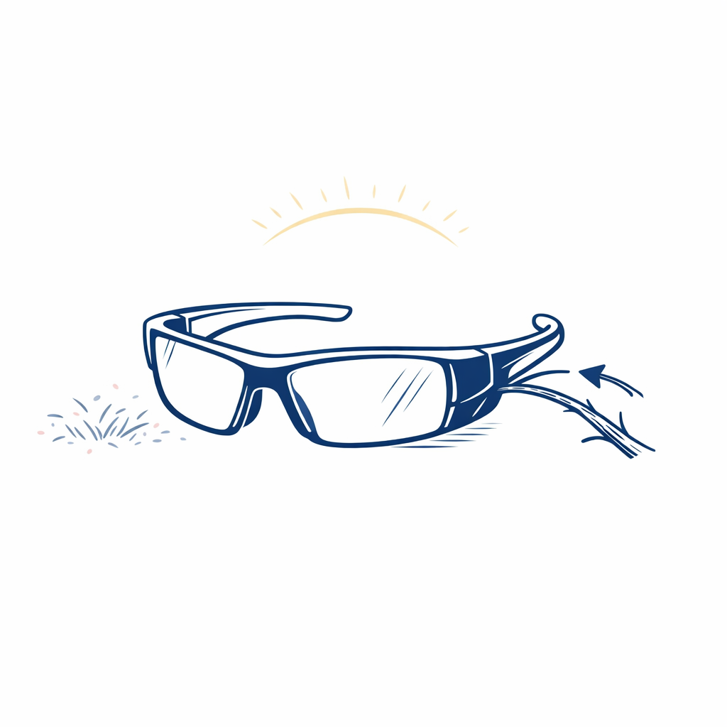 Illustration of wrap safety sunglasses blocking flying grass and a recoiling branch from the side.