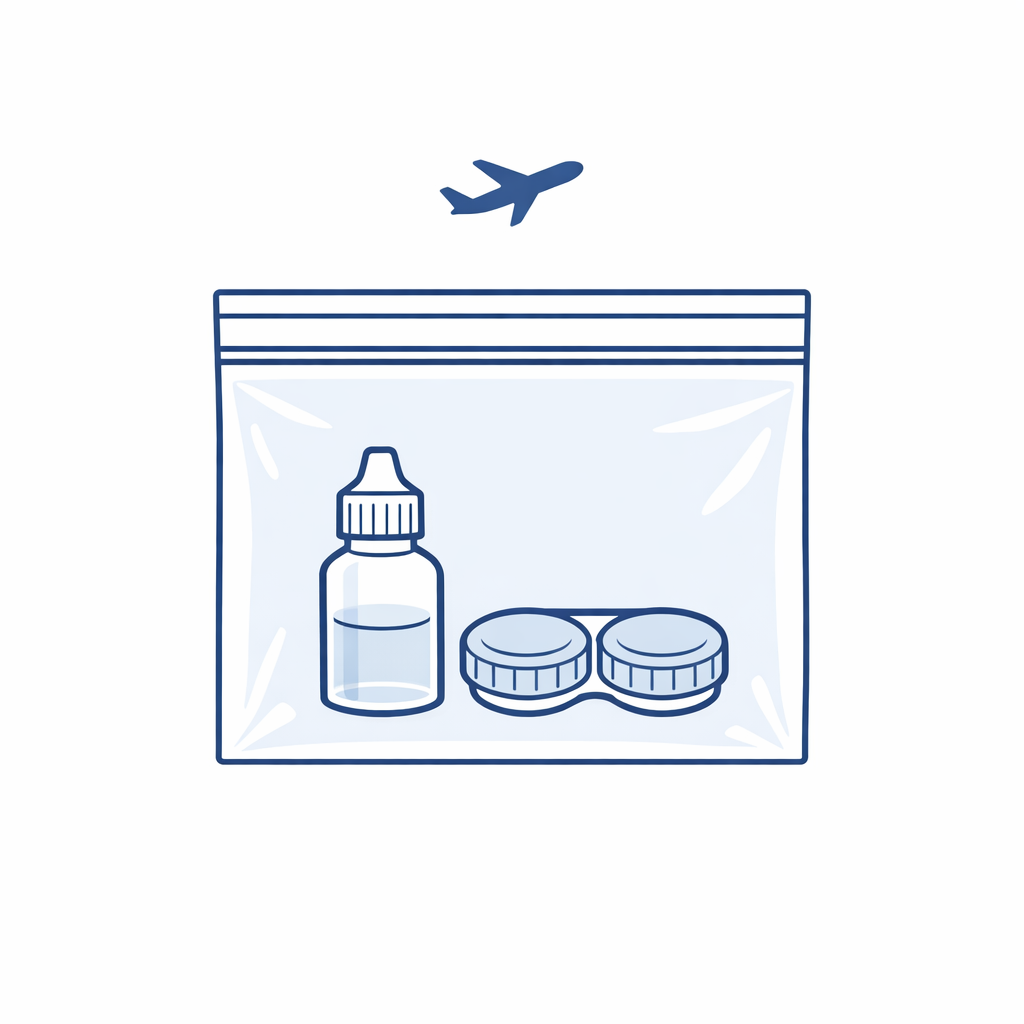 A quart bag icon holds a small solution bottle to suggest carry-on liquid limits.