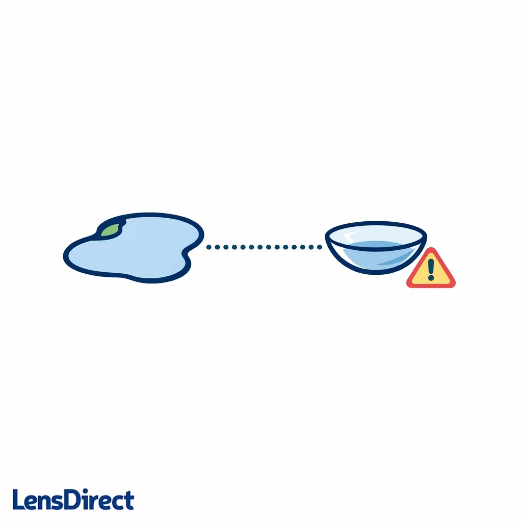A lake icon connects to a contact lens with a caution marker to highlight higher-risk freshwater exposure.