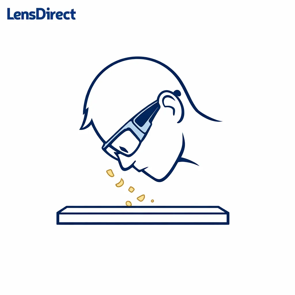 Diagram showing glasses staying stable when looking down at a workbench with side protection emphasized.
