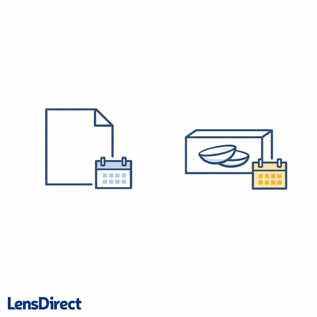 A prescription sheet and a contact lens box each have their own calendar icon to show two expirations.