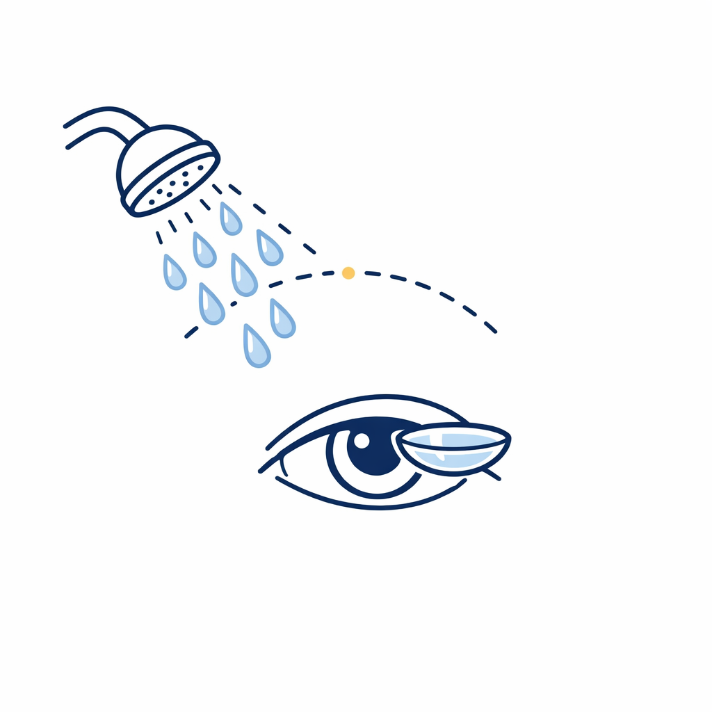 A shower head sprays droplets toward an eye-and-lens icon to show how exposure happens in showers.