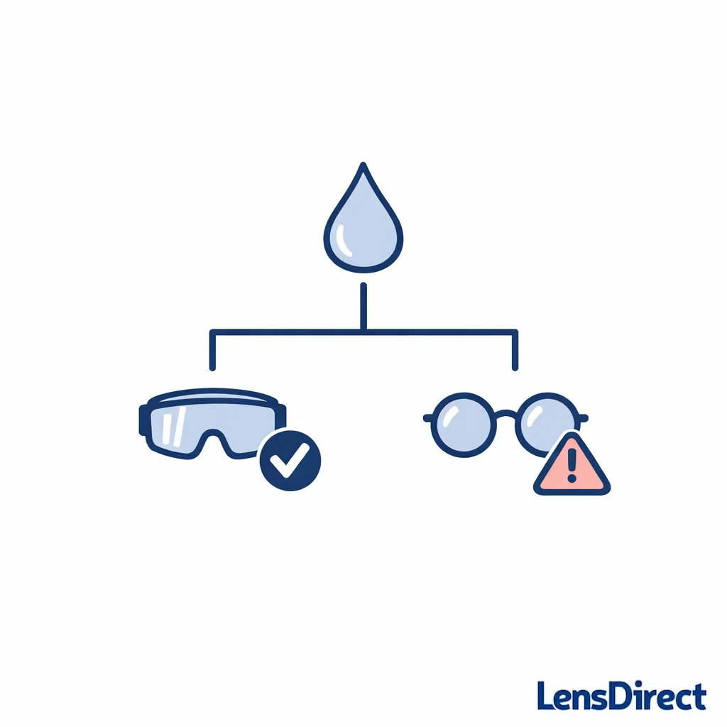 Decision flow showing chemicals and spray leading to goggle-style protection.
