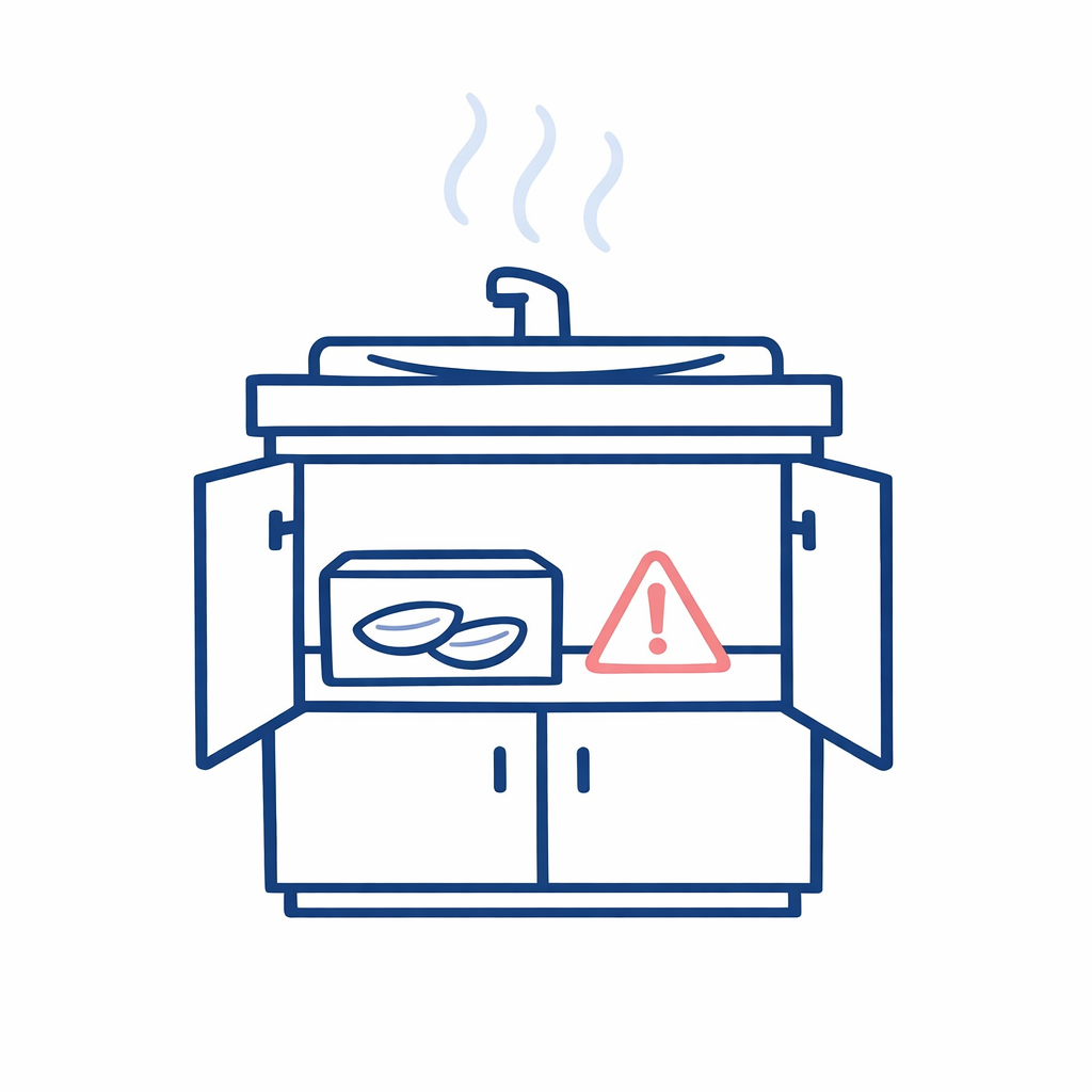 A steamy bathroom cabinet icon warns against storing lenses near sinks and showers.