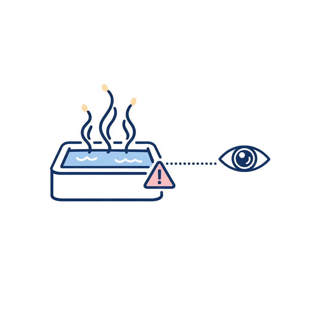 A hot tub icon with steam lines and droplets near an eye-and-lens icon suggests avoiding contacts in hot tubs.