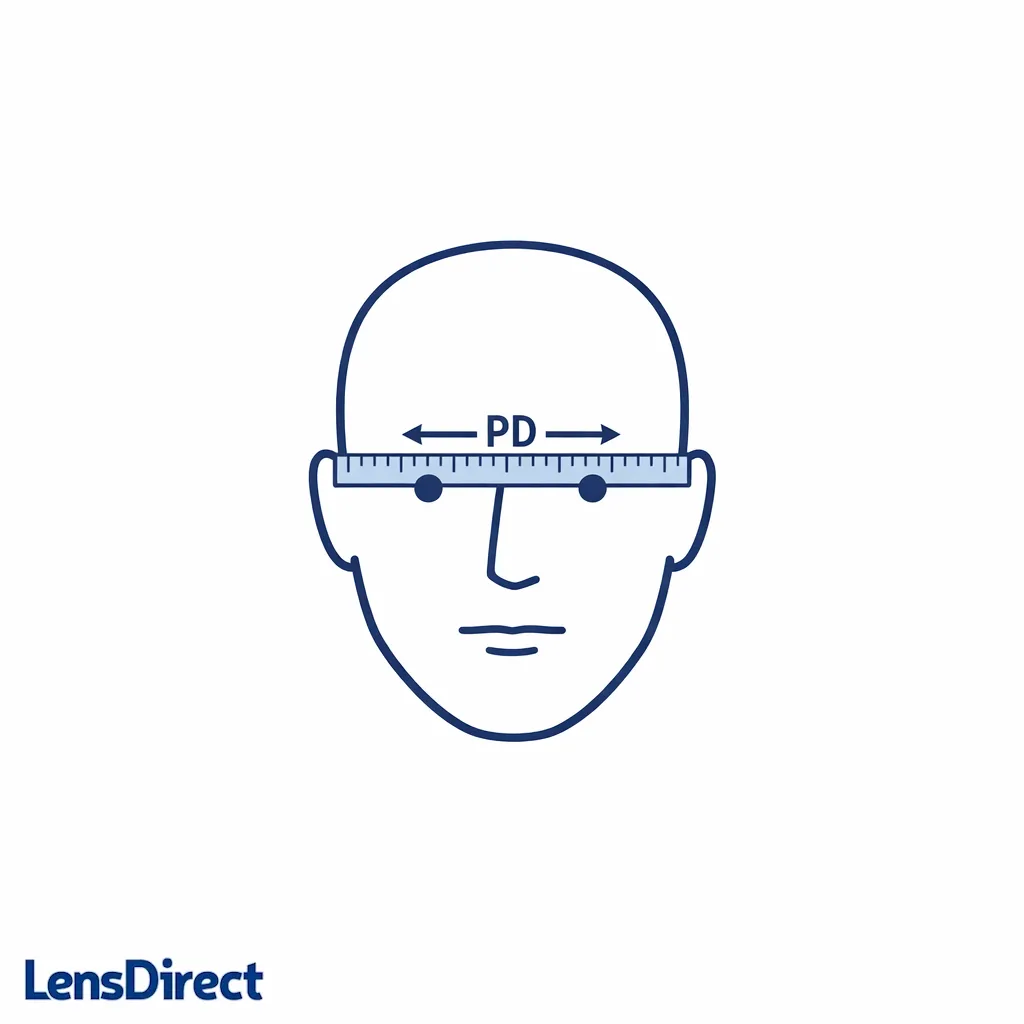 Simple line-art face and ruler diagram showing pupillary distance measurement labeled PD.