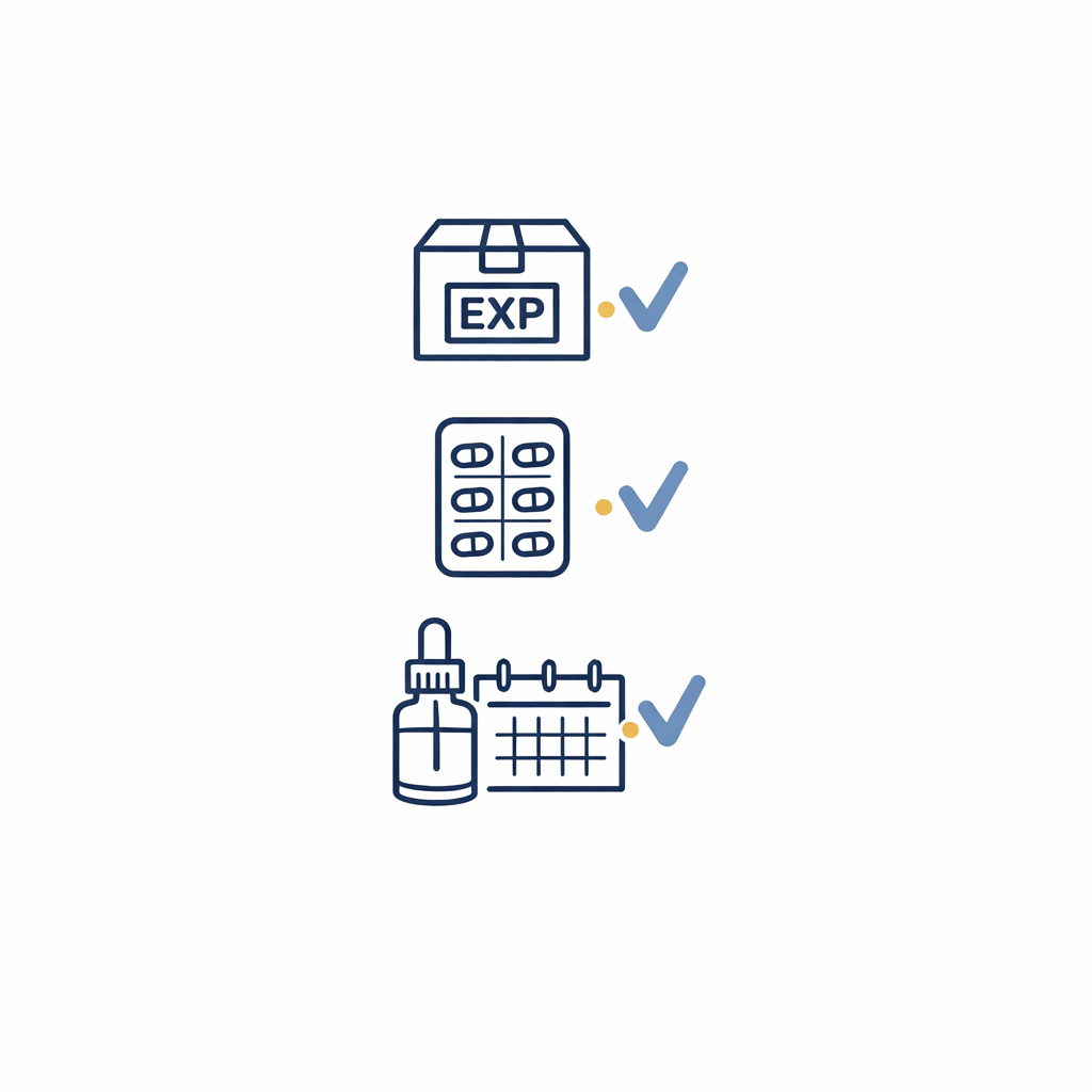 A simple checklist layout shows icons for box EXP, blister seal, and solution date checks.